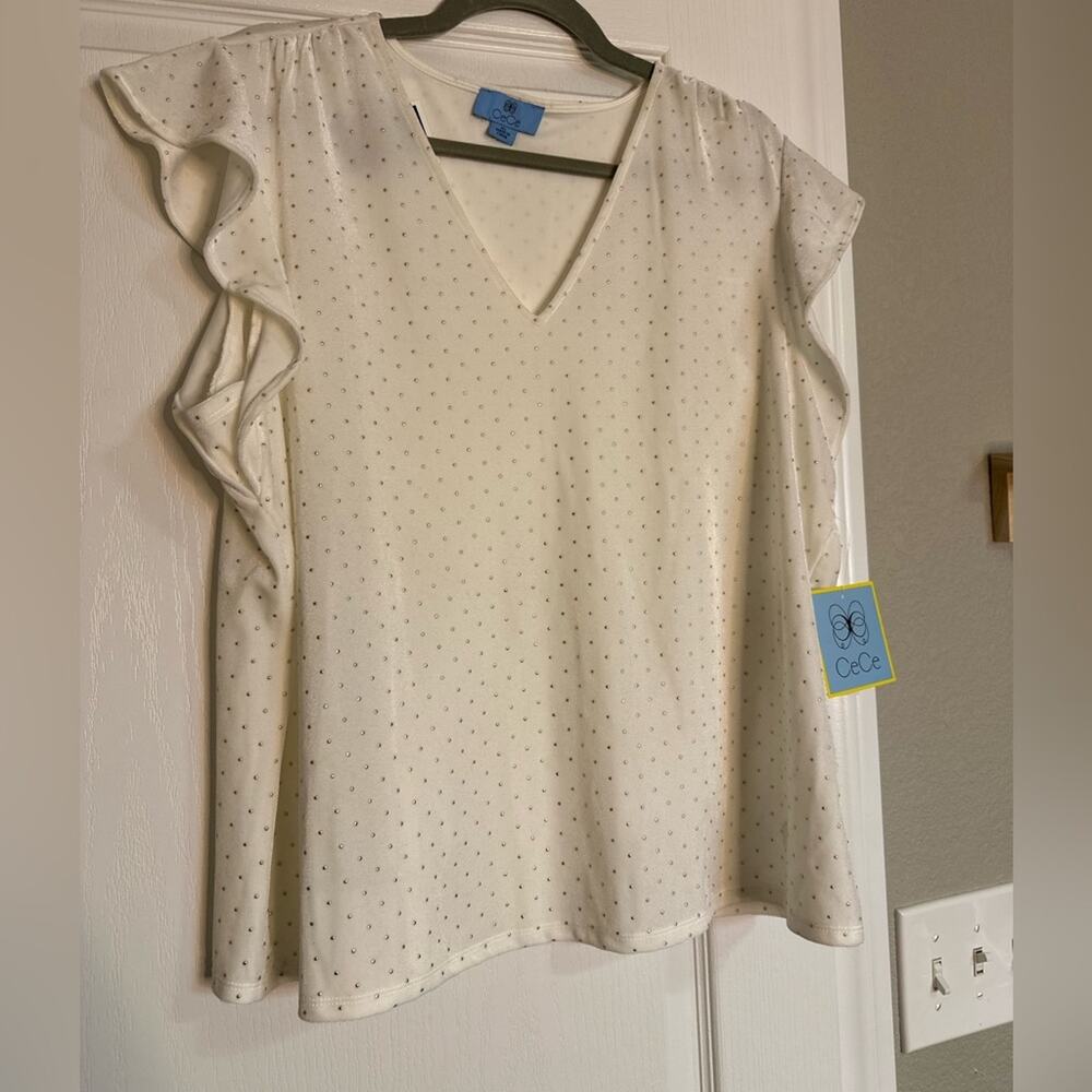 NWT CeCe ivory velvet gold dots top